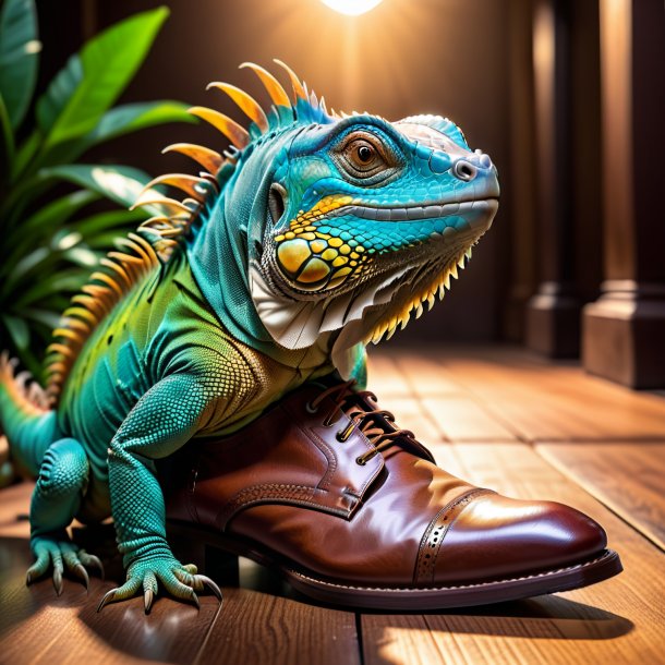Foto de una iguana en zapatos marrones