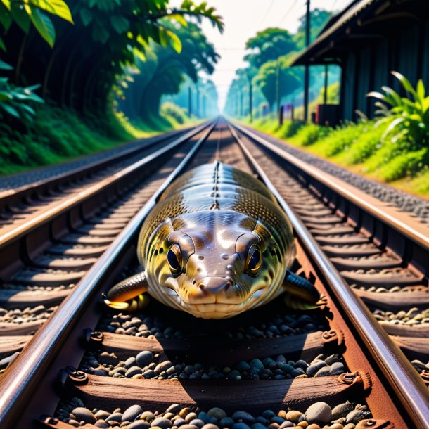 Photo of a waiting of a eel on the railway tracks
