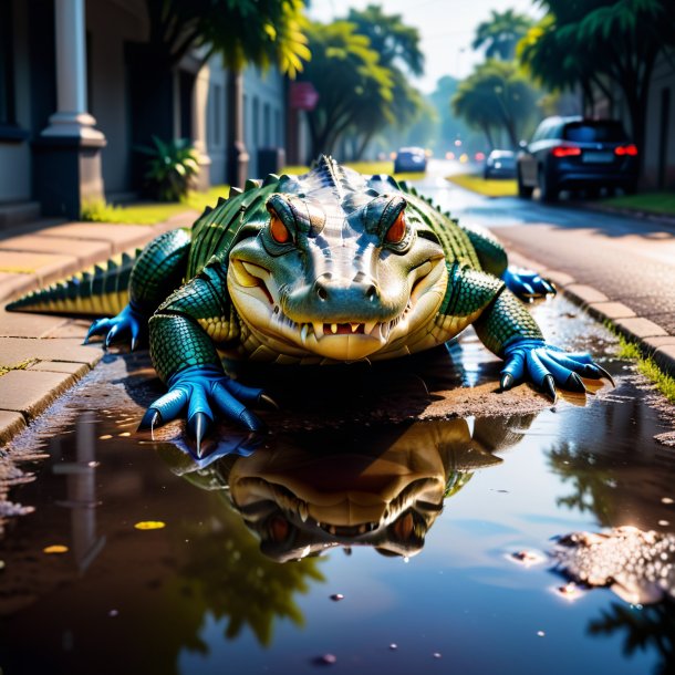 Pic of a crocodile in a gloves in the puddle