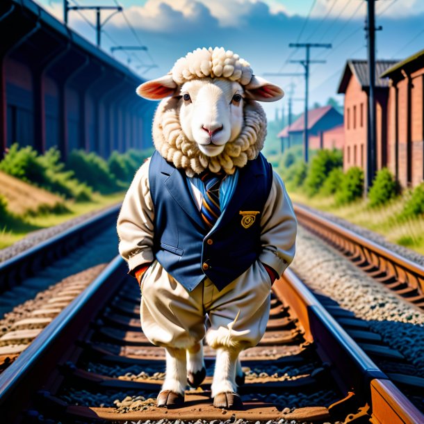 Picture of a sheep in a trousers on the railway tracks