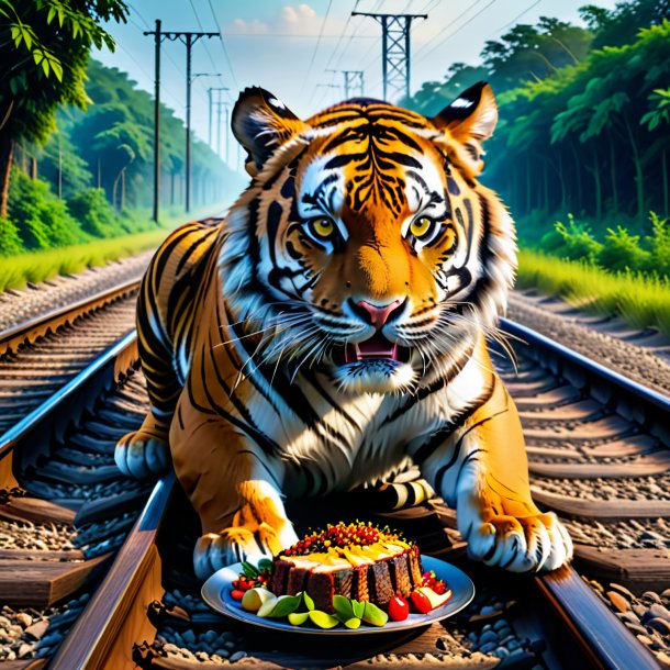 Foto de um comer de um tigre nos trilhos ferroviários