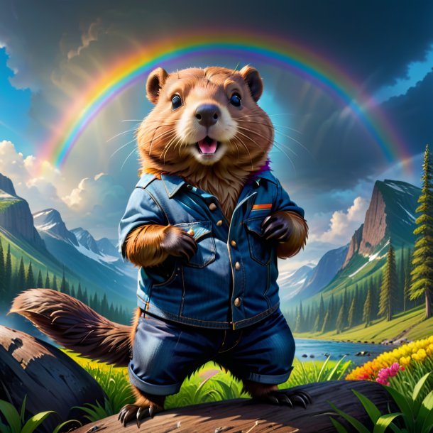 Picture of a beaver in a jeans on the rainbow