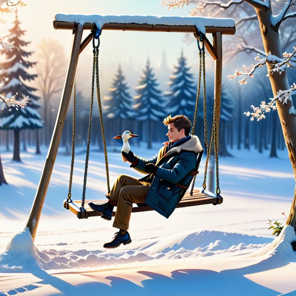 Image of a swinging on a swing of a goose in the snow