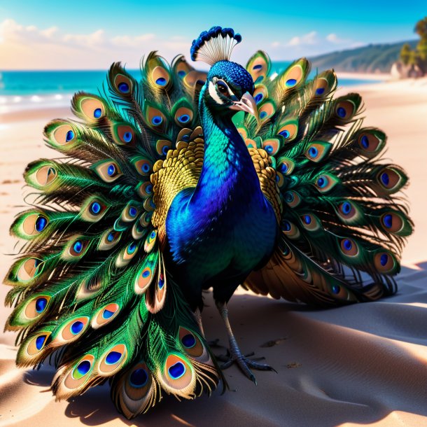 Picture of a peacock in a gloves on the beach