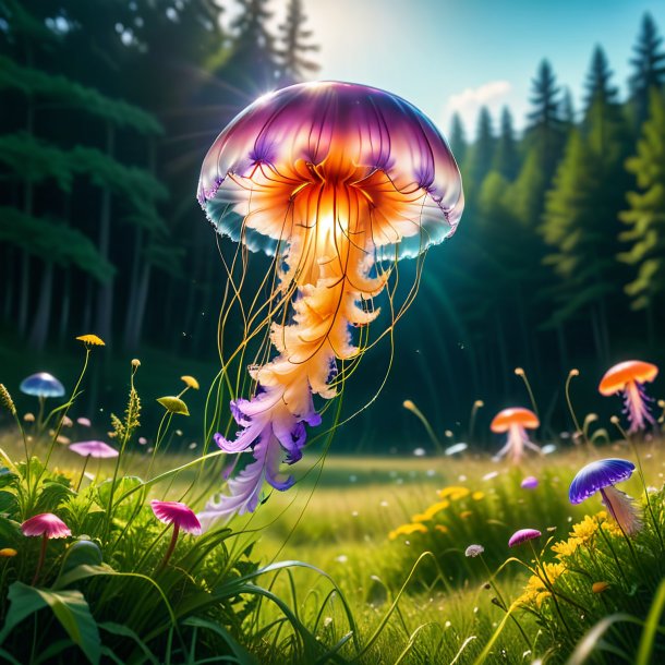 Photo of a jumping of a jellyfish in the meadow
