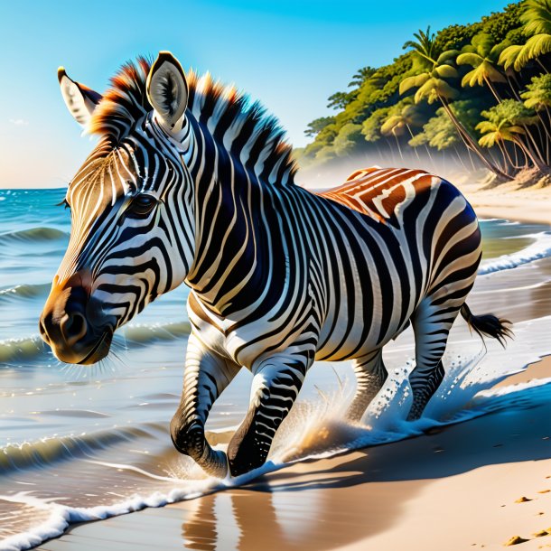 Imagem de uma natação de uma zebra na praia