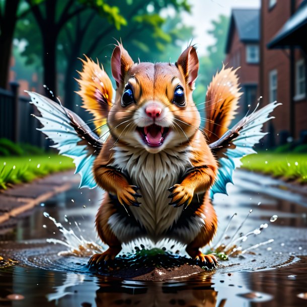 Picture of a angry of a flying squirrel in the puddle