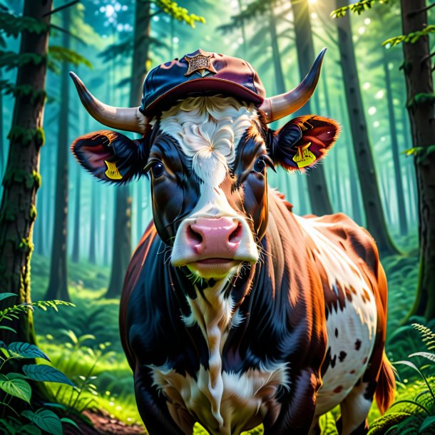 Pic of a cow in a cap in the forest