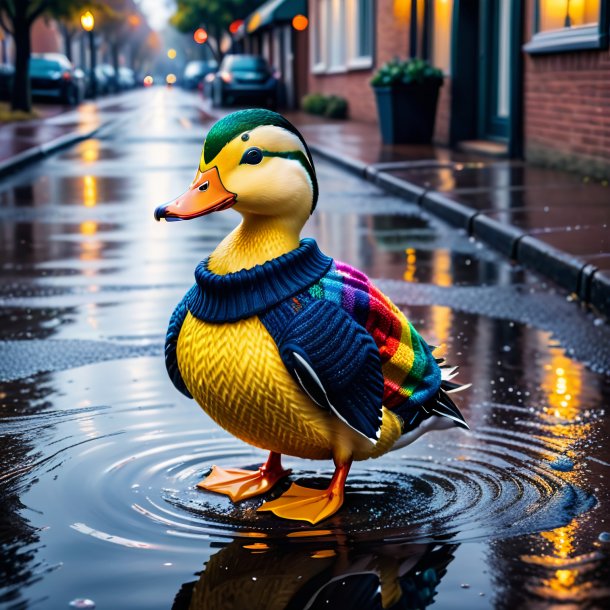 Image of a duck in a sweater in the puddle