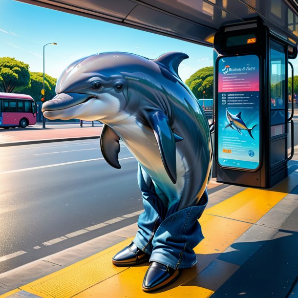 Illustration of a dolphin in a jeans on the bus stop
