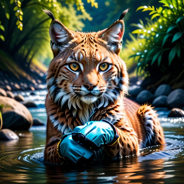 Picture of a lynx in a gloves in the river