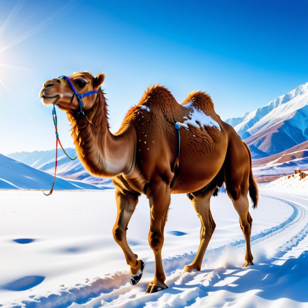 Picture of a swimming of a camel in the snow