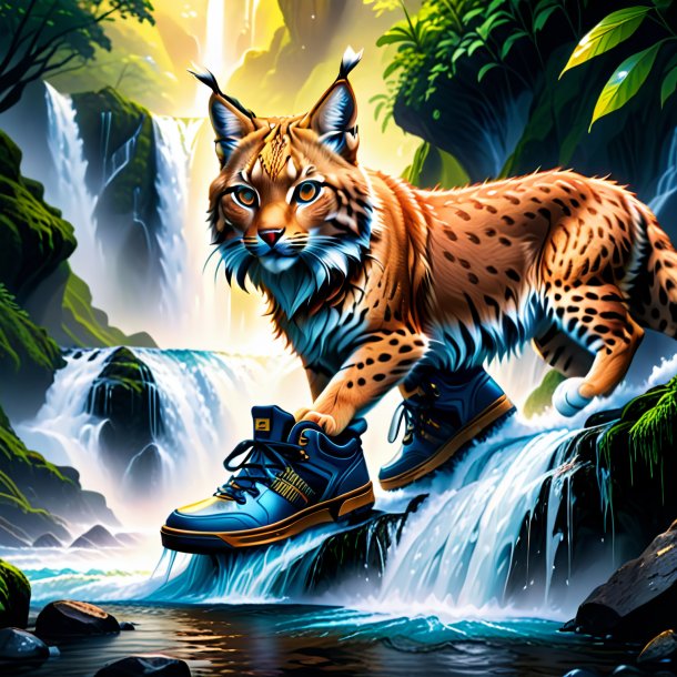 Illustration of a lynx in a shoes in the waterfall