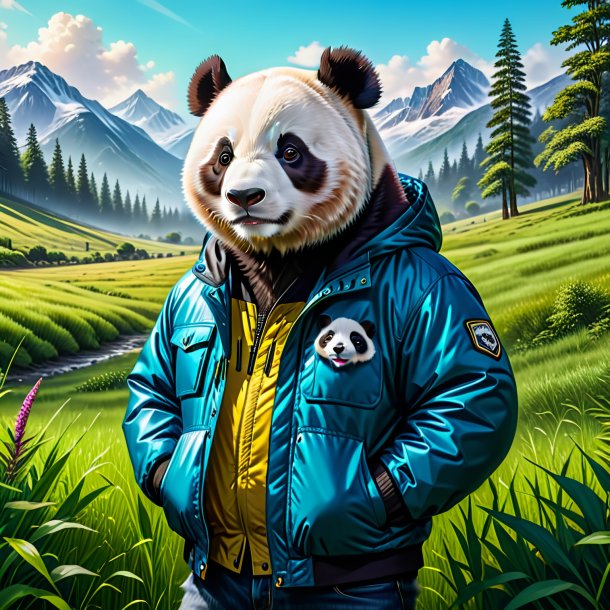 Drawing of a giant panda in a jacket in the meadow