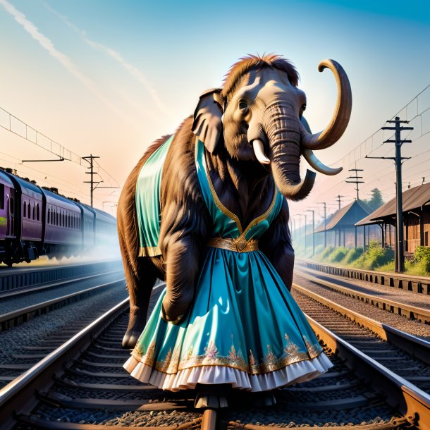 Image of a mammoth in a dress on the railway tracks