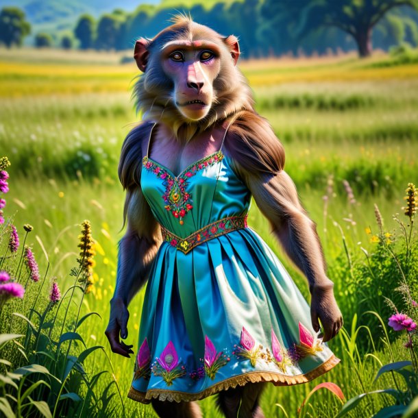 Image of a baboon in a dress in the meadow