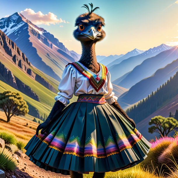 Picture of a emu in a skirt in the mountains