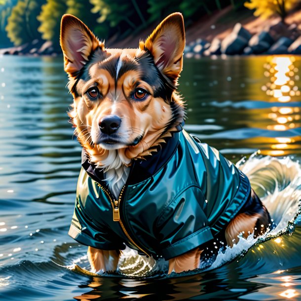 Photo of a dog in a jacket in the water