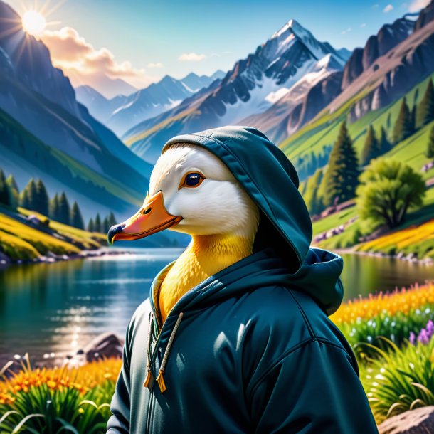 Foto de un pato en una sudadera con capucha en las montañas