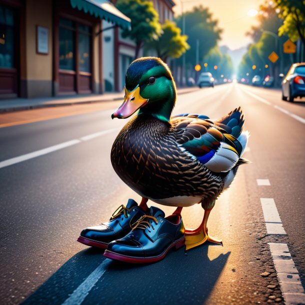 Image d'un canard dans une chaussure sur la route