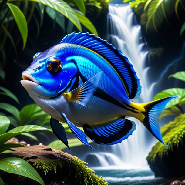 Picture of a blue tang in a cap in the waterfall