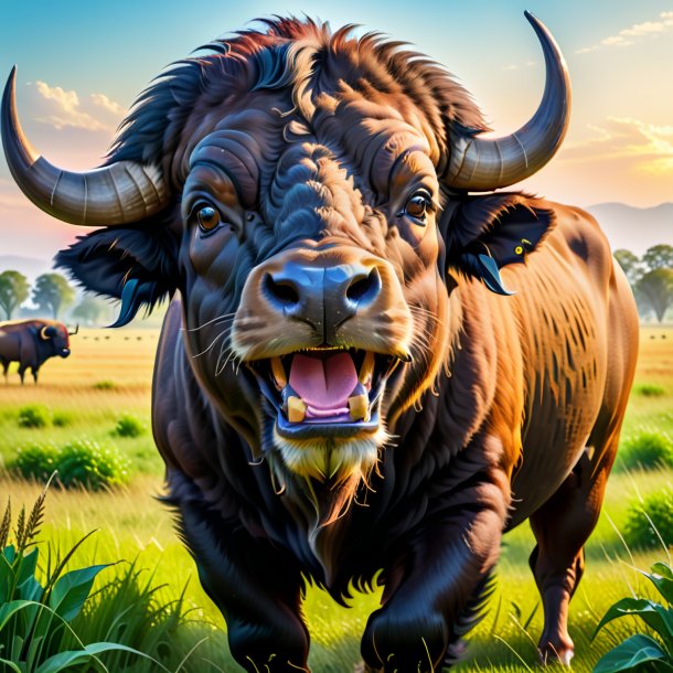 Picture of a smiling of a buffalo on the field