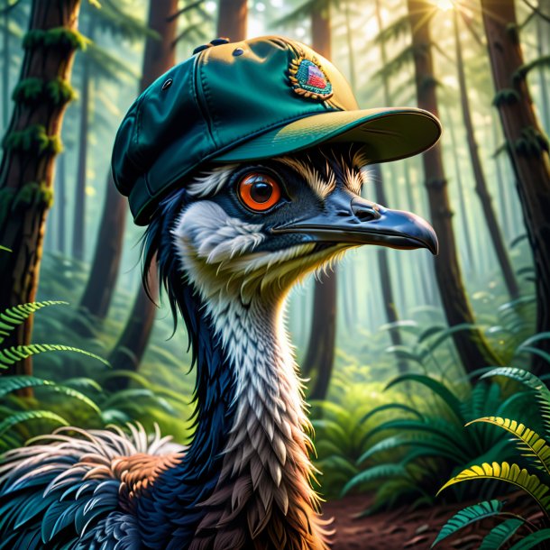 Illustration of a emu in a cap in the forest