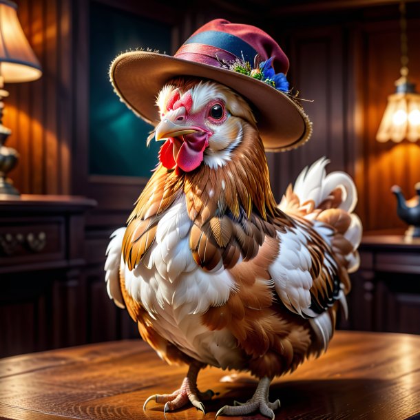 Photo of a hen in a hat in the house