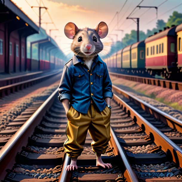 Foto de una rata en un pantalón en las vías del tren