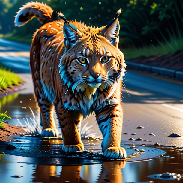 Illustration of a lynx in a belt in the puddle