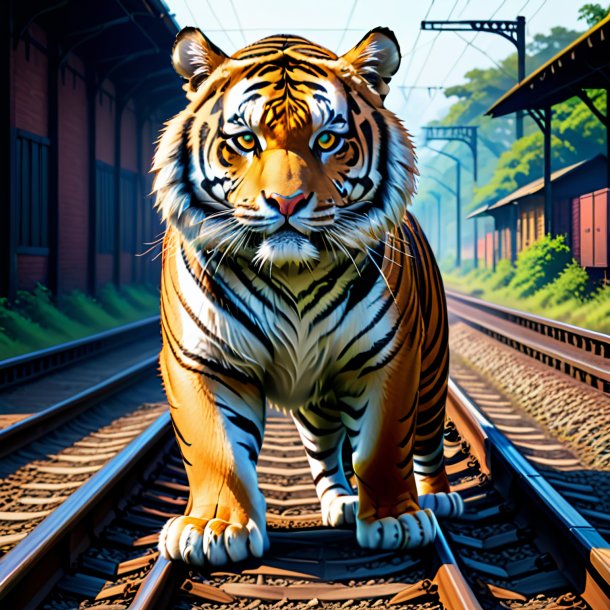 Illustration of a tiger in a trousers on the railway tracks