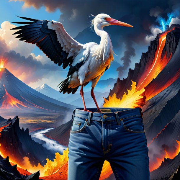 Drawing of a stork in a jeans in the volcano