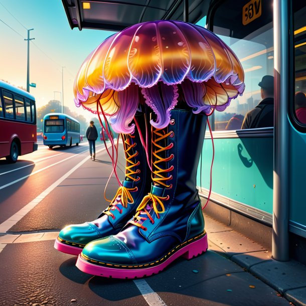 Illustration of a jellyfish in a shoes on the bus stop