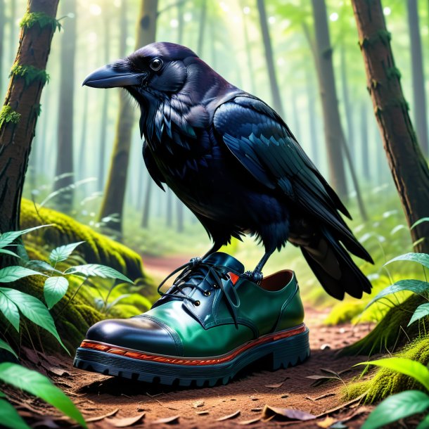 Photo d'un corbeau dans une chaussure dans la forêt