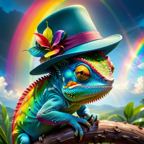 Picture of a chameleon in a hat on the rainbow