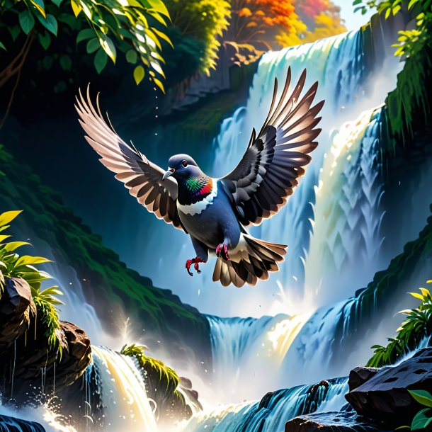 Picture of a jumping of a pigeon in the waterfall