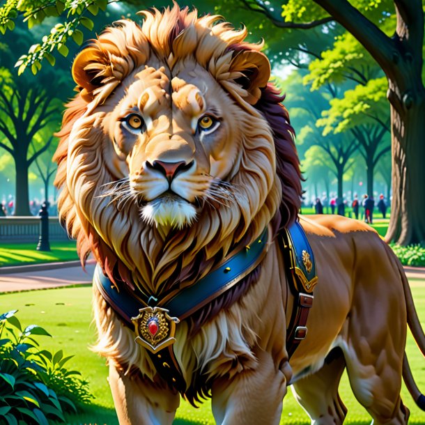 Illustration of a lion in a belt in the park