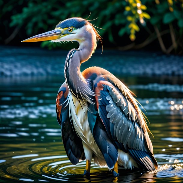 Image of a heron in a jacket in the water