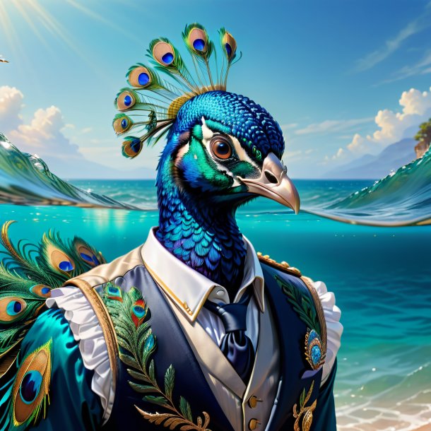 Drawing of a peacock in a vest in the sea