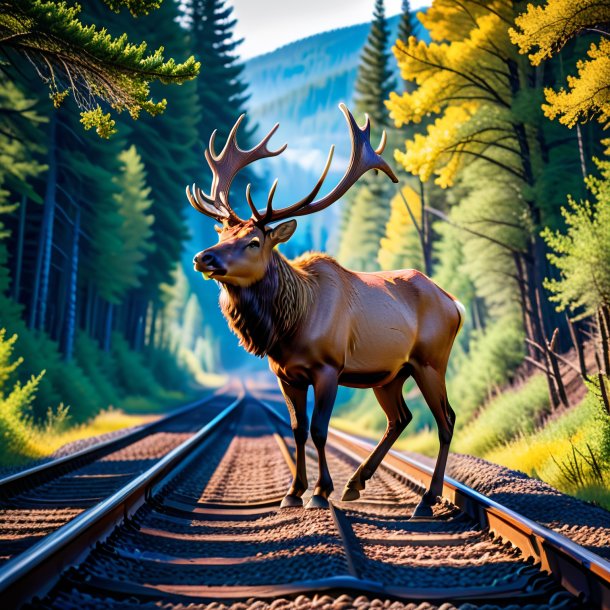 Photo of a playing of a elk on the railway tracks