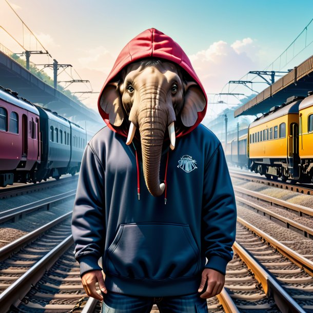 Image of a mammoth in a hoodie on the railway tracks
