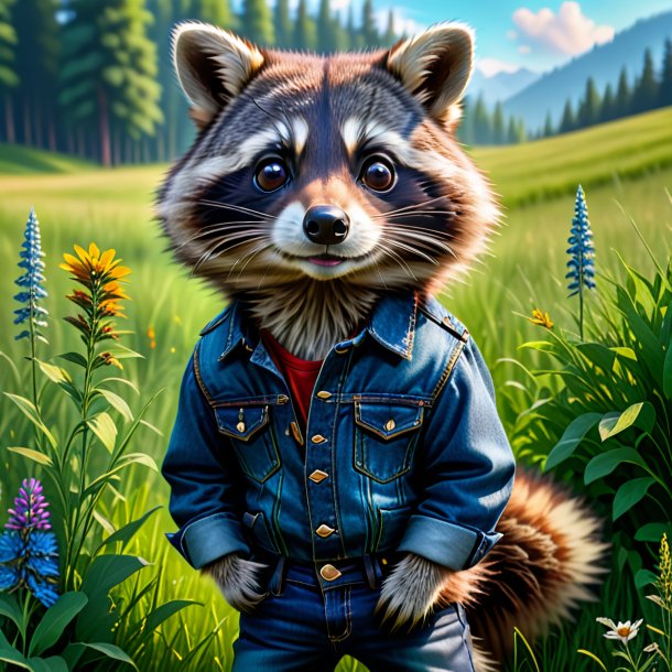 Pic of a raccoon in a jeans in the meadow