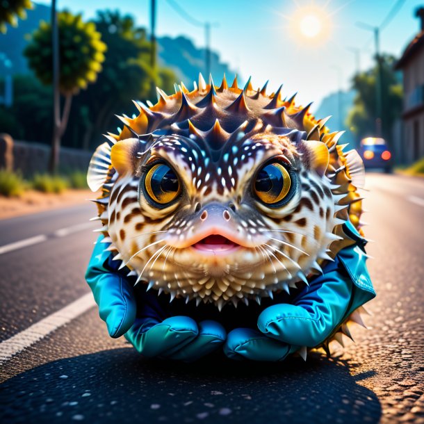 Picture of a pufferfish in a gloves on the road