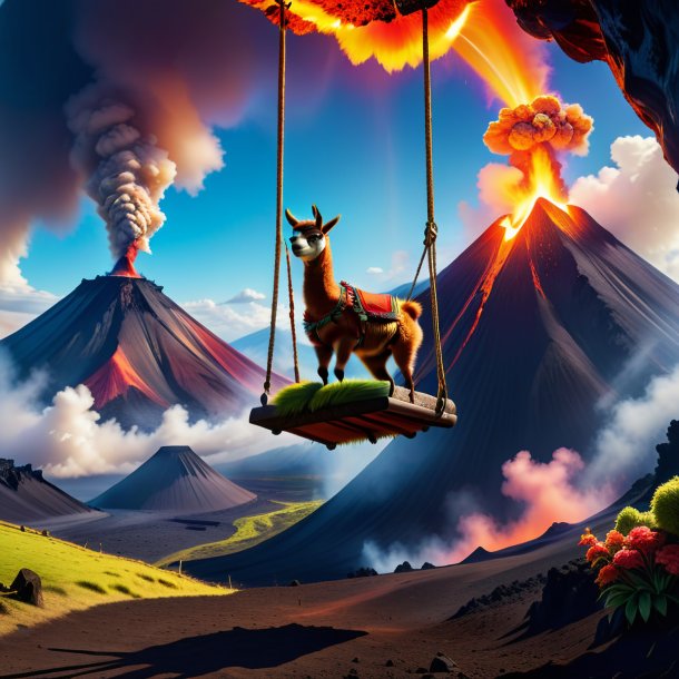 Photo of a swinging on a swing of a llama in the volcano