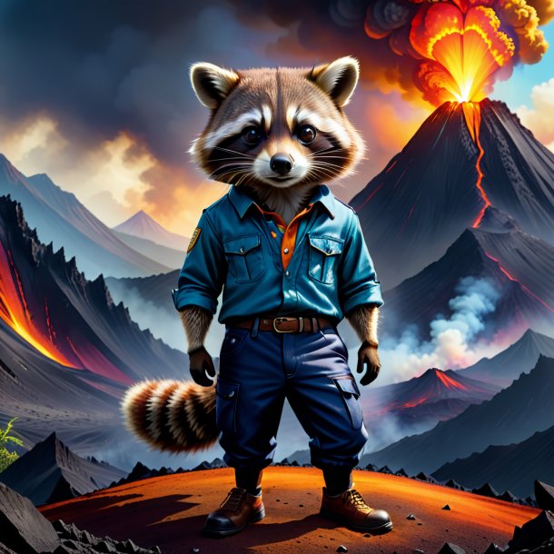 Drawing of a raccoon in a trousers in the volcano