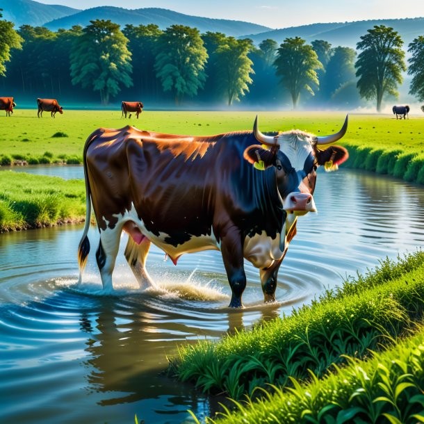 Retrato de uma natação de uma vaca no campo
