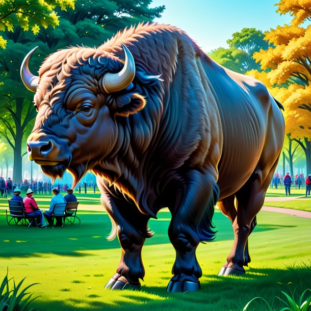 Drawing of a buffalo in a trousers in the park