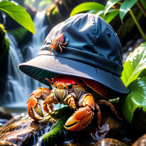 Pic of a hermit crab in a cap in the waterfall