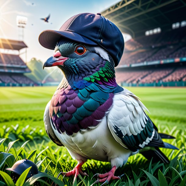 Image of a pigeon in a cap on the field