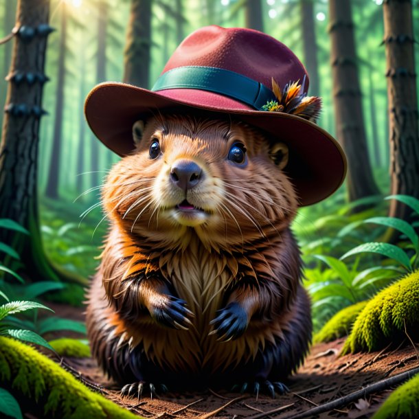 Pic of a beaver in a hat in the forest